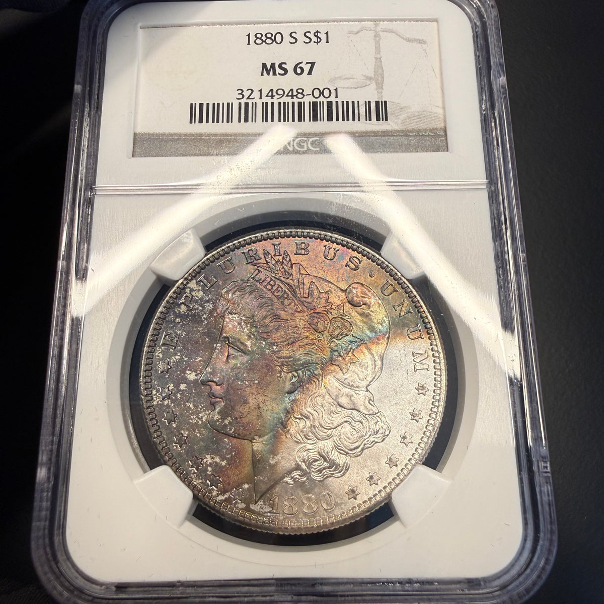 1880-S, NGC MS 67, Monster Rainbow Toner, Morgan Dollar