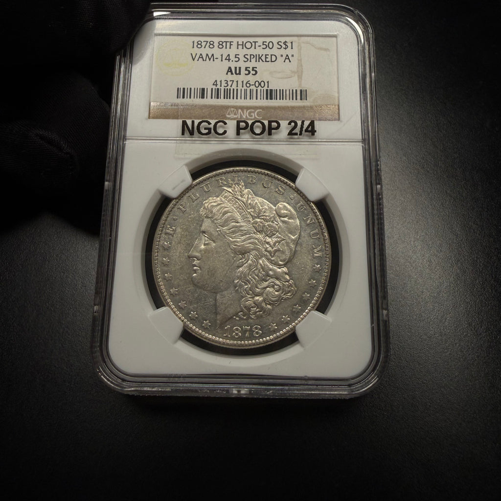 1878 8TF, NGC AU 55, HOT-50, VAM-14.5 SPIKED "A" AKA Open Nostril, Morgan Dollar